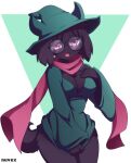  anthro black_body black_fur blush bottomless bovid breasts caprine clothed clothing crossgender deltarune eyewear female fur glasses goat green_clothing hat headgear headwear hi_res mammal nuvex open_mouth open_smile pink_eyes pink_scarf ralsei scarf simple_background smile solo thick_thighs undertale_(series) video_games 