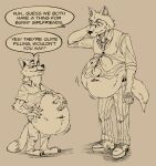  anthro barefoot beastars canid canine canis clothed clothing clothing_lift crossover dialogue dialogue_box disney duo english_text feet fox full_belly hand_on_stomach hi_res legoshi_(beastars) lordweegee64 male mammal nick_wilde scratching_head size_difference soft_vore stuffed_belly text vore wolf zootopia 