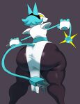  absurd_res ambiguous_gender anthro big_butt blue_hair blush butt clothed clothing deltarune detached_hand felid feline grey_background hair hi_res huge_butt huge_hips looking_back mace machine mammal melee_weapon rear_view robot simple_background slit_dress solo sssonic2 standing tasque_manager thick_thighs undertale_(series) video_games weapon whip wide_hips yellow_eyes 