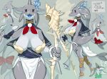  2021 anthro big_breasts blush breasts cetacean delphinoid digital_media_(artwork) duo female fin fish grey_background grey_body grey_skin hi_res kame_3 mammal marine multicolored_body multicolored_skin seashell seashell_bra shark sharp_teeth shell simple_background staff tail_fin teeth text toothed_whale translation_request two_tone_body two_tone_skin white_body white_skin 