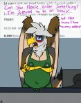  after_transformation anthro apron apron_only avian belly big_belly big_breasts bodily_fluids breasts brown_body brown_fur clothing dialogue english_text feathers female fur goldengryphon grey_body grey_feathers grey_fur gryphon hi_res humiliation i_mean_breast_milk jay_(goldengryphon) lactating lactating_through_clothing meme mostly_nude mythological_avian mythology pregnant solo solo_focus talons tan_body tan_fur text wet wet_clothing wings 