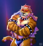  2021 anthro armband beard bearlyfeline belt body_hair bowser bracelet bulge chest_hair clothing collar crossed_arms domestic_cat ear_piercing ear_ring eyebrows facial_hair facial_piercing felid feline felis fur hair happy_trail hi_res hybrid jewelry koopa looking_at_viewer male mammal mario_bros meowser muscular muscular_anthro muscular_male nintendo nose_piercing nose_ring piercing pubes purple_background scalie shell signature simple_background smile solo spiked_armband spiked_belt spiked_bracelet spiked_collar spiked_shell spikes spikes_(anatomy) standing tabby_cat teeth thong tuft underwear video_games 