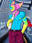  abs absurd_res anthro athletic belt blurred_background bottomwear bulge clothed clothing deltarune english_text fluffy hand_in_pocket hi_res humanoid khryaus_o&#039;howl_(artist) male multicolored_body necktie necktie_grab nipples office pants pecs photo_background pockets red_bottomwear red_clothing red_pants shirtless solo text topless undertale_(series) video_games werewire wire 