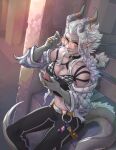  5_fingers amber_eyes animal_humanoid breasts clothed clothing detailed_background dragon dragon_humanoid ear_piercing ear_ring eyewear female fingers glasses hair hi_res horn humanoid humanoid_pointy_ears lady_nora long_hair midriff piercing smile solo tsukinori twokinds webcomic 