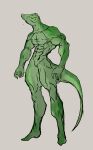  5_fingers abs alligator alligatorid anthro biped crocodilian fingers green_body grey_background hi_res male muscular muscular_male nude plantigrade reptile scalie sharp_teeth simple_background solo standing teeth unknown_artist white_eyes 