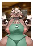  &lt;3 absurd_res anthro apron apron_only areola big_breasts bovid breasts caprine clothing female front_view green_apron hi_res i_mean_breast_milk jhenightfox mammal meme mostly_nude nipples solo thick_thighs 