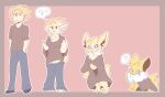  2019 ? ?! anthro black_nose blonde_hair blue_eyes bottomwear breast_growth breast_shrinking breasts cheek_tuft chest_tuft clothing colored eeveelution facial_tuft falling female female_symbol feral flat_colors fluffy fluffy_tail forearms fur fur_growth gender_symbol gender_transformation growth hair hi_res human human_to_feral jolteon male mammal mtf_transformation myuji-chan nintendo open_mouth pants pink_background pok&eacute;mon pok&eacute;mon_(species) purple_eyes raised_arm raised_arms raised_forearm shirt shocked shrinking simple_background size_transformation species_transformation stubble surprise symbol t-shirt tan_body tan_fur tan_hair tan_tail topwear transformation transformation_sequence tuft video_games white_body white_fur yellow_body yellow_fur yellow_tail 