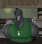  anthro apron apron_only areola areola_slip avian big_breasts bird bistup breasts cleavage clothed clothing container corvid corvus_(genus) crow cup dialogue english_text female hi_res holding_cup holding_object huge_breasts hyper hyper_breasts i_mean_breast_milk meme mostly_nude oscine passerine solo text tori_cro_(bistup) 