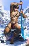  absurd_res armor armpit_hair black_hair body_hair bottomwear brown_body brown_fur bulge canid canine clothing ears_up fur hair hi_res ice levsha loincloth magic male mammal melee_weapon mostly_nude mostly_nude_male mountain muscular outside paws pubes red_eyes rock shin_guards snow solo sword tan_body tan_fur underwear weapon 