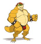  2021 absurd_res anthro belly big_muscles bowser bracelet bulge claws clothing darknaigart eyebrows hair hi_res horn jewelry koopa male mario_bros musclegut muscular muscular_anthro muscular_male nintendo pecs red_hair scalie simple_background smile solo spiked_bracelet spiked_tail spikes spikes_(anatomy) standing thick_thighs thong underwear video_games white_background yellow_body 