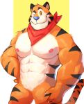  2021 abs anthro big_muscles cilok claws felid frosted_flakes fur hand_on_hip hi_res kellogg&#039;s looking_at_viewer male mammal mascot muscular muscular_anthro muscular_male neckerchief nipples nude one_eye_closed pantherine pecs simple_background smile solo standing tiger tony_the_tiger tuft white_background wink yellow_background 