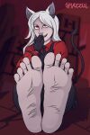  5_fingers 5_toes absurd_res animal_humanoid barefoot black_claws cerberus_(helltaker) claws clothing feet female fingers foot_focus gloves hair handwear helltaker hi_res humanoid humanoid_feet shazzul_(artist) soles solo toe_claws toes white_hair 