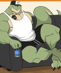  absurd_res anthro beverage_can body_hair bottomwear chest_hair clothing darknaigart dinosaur facial_hair furniture green_body hat headgear headwear hi_res jace_(darknaig) male muscular muscular_anthro muscular_male pecs reptile scalie shirt shorts sitting sofa solo tank_top tattoo theropod topwear tyrannosaurid tyrannosaurus tyrannosaurus_rex white_clothing white_shirt white_tank_top white_topwear 