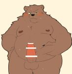  0119_muu 2021 anthro balls belly blush bodily_fluids brown_body brown_fur erection fur genitals green_eyes hi_res humanoid_hands kemono male mammal moobs nipples overweight overweight_male penis simple_background solo sweat ursid 