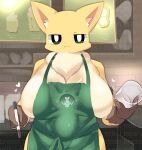  &lt;3 2021 ambiguous_gender anthro apron apron_only between_breasts big_breasts black_eyes blush bodily_fluids breast_smother breasts brown_body brown_fur cafe canid canine clothing container cup curvy_figure duo english_text featureless_breasts female female/ambiguous fox front_view fur gloves_(marking) green_apron half-length_portrait holding_object huge_breasts i_mean_breast_milk inner_ear_fluff kemono lets0020 looking_at_viewer mammal markings meme mostly_nude multicolored_body multicolored_fur neck_tuft pen portrait smothering solo_focus sweat sweatdrop text translated_description tuft two_tone_body two_tone_fur voluptuous white_body white_fur yellow_body yellow_fur 