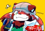  2021 absurd_res ailurid anthro blush camera clothing cute_fangs fur hat headgear headwear hi_res kazumi88888 kemono lifewonders mammal one_eye_closed portrait red_body red_fur red_panda simple_background slightly_chubby solo tokyo_afterschool_summoners video_games wink yellow_background zhurong_(tas) 