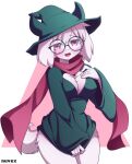  anthro blush bottomless bovid breasts caprine cleavage clothed clothing crossgender curvy_figure deltarune eyewear female fur glasses goat green_clothing hat headgear headwear hi_res hourglass_figure mammal mtf_crossgender nuvex open_mouth open_smile pink_eyes pink_scarf ralsei scarf simple_background smile solo thick_thighs undertale_(series) video_games white_body white_fur 