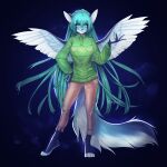  1:1 2021 5_fingers anthro breasts clothed clothing digital_media_(artwork) domestic_cat eyebrows eyelashes feathered_wings feathers felid feline felis female fingers fur hair hybrid looking_at_viewer mammal neylatl wings 