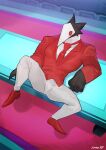  2021 anthro avian bebebebebe black_body black_feathers bottomwear clothing darkner deltarune digital_media_(artwork) feathers furniture hi_res lying male muscular muscular_anthro muscular_male necktie on_back on_table pants red_clothing red_suit solo suit swatchling table undertale_(series) video_games white_bottomwear white_clothing white_face white_pants 