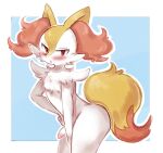  anthro blush braixen canid canine chest_tuft fur genitals hi_res leaning leaning_forward looking_at_viewer male mammal nintendo nude penis pok&eacute;mon pok&eacute;mon_(species) portrait requestfaeg solo three-quarter_portrait tuft video_games white_body white_fur wide_hips 