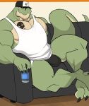  anthro beverage_can body_hair bulge chest_hair clothing darknaigart dinosaur facial_hair furniture green_body hat headgear headwear hi_res jace_(darknaig) jockstrap male muscular muscular_anthro muscular_male pecs reptile scalie shirt sitting sofa solo tank_top tattoo theropod topwear tyrannosaurid tyrannosaurus tyrannosaurus_rex underwear white_clothing white_shirt white_tank_top white_topwear 