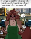  absurd_res akibarx anthro apron apron_only aurora_(akibarx) big_breasts black_sclera bodily_fluids breasts canid canine canis claws cleavage clothed clothing coffee_cup coffee_shop confusion container cup curvy_figure english_text female fox fur green_apron hair hi_res huge_breasts i_mean_breast_milk looking_at_viewer mammal marker meme mostly_nude multicolored_body multicolored_fur purple_eyes red_body red_fur sharp_tooth smile solo standing teeth text thick_tail thick_thighs tongue voluptuous 
