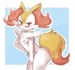  anthro blush braixen breasts canid canine chest_tuft female fur hi_res leaning leaning_forward looking_at_viewer mammal nintendo nipples nude pok&eacute;mon pok&eacute;mon_(species) portrait requestfaeg small_breasts solo three-quarter_portrait tuft video_games white_body white_fur wide_hips 