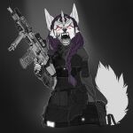  1:1 2020 5_fingers angry anthro black_nose braided_hair canid canine canis clothed clothing digital_media_(artwork) fingers fur gun hair holding_gun holding_object holding_weapon kai_(blehhello) looking_at_viewer male mammal neylatl open_mouth purple_hair ranged_weapon scar-l teeth tongue weapon white_body white_fur wolf 