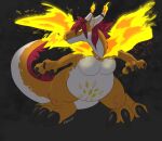  2021 2_horns 3_toes 4_fingers belly big_belly big_breasts black_background black_claws breasts charu claws curvy_figure dark dated digital_media_(artwork) dragon fan_character featureless_breasts feet female feral finger_claws fingers fire flaming_tail flaming_wings front_view full-length_portrait gigantamax_charizard gigantamax_pok&eacute;mon grin hair horn huge_breasts huge_thighs light lighting looking_at_viewer misha_(misha) multicolored_body multicolored_scales narrowed_eyes nintendo non-mammal_breasts orange_body orange_scales overweight overweight_female overweight_feral pink_eyes pink_hair pok&eacute;mon pok&eacute;mon_(species) portrait reptile scales scalie semi-anthro shaded signature simple_background smile smiling_at_viewer solo spread_legs spreading thick_thighs toe_claws toes video_games voluptuous white_body white_scales wide_hips wings yellow_body yellow_scales yellow_sclera 