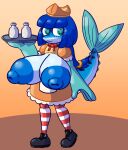  anthro areola big_breasts blue_body blue_eyes blue_hair blue_skin breasts cleavage_cutout clothing dress exposed_breasts female fish fish_tail footwear frilly frilly_clothing gradient_background hair hat headgear headwear huge_breasts hyper hyper_breasts legwear mackenzie_(sprucy) marine milk nipples orange_clothing orange_dress pattern_clothing pattern_legwear pattern_stockings ponytail puffy_areola puffy_nipples ribbons scombrid scombriform shoes simple_background solo sprucy stockings striped_clothing striped_legwear striped_stockings stripes waitress_outfit 