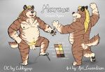  2021 absurd_res anthro ari_guardian balls belly butt english_text flaccid genitals hi_res humanoid_genitalia humanoid_hands humanoid_penis hyaenid male mammal model_sheet moobs nipples overweight overweight_male penis pubes simple_background solo striped_hyena text 