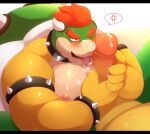  2021 absurd_res ai_only_dream anthro belly blush bodily_fluids bowser cum cum_on_face digital_media_(artwork) duo erection genital_fluids genitals green_body hi_res humanoid_genitalia humanoid_hands humanoid_penis kemono koopa licking male male/male mario_bros moobs navel nintendo nipples oral overweight overweight_male penile penis penis_lick scalie sex shaded simple_background tongue tongue_out video_games 