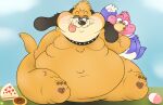  anatid anseriform avian bird canid canine canis domestic_dog duck duck_hunt duck_hunt_dog duo food guzzlexd90 hi_res male male/male mammal nintendo obese overweight slightly_chubby thick_thighs video_games 