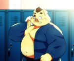  2021 6:5 absurd_res anthro belly blush bottomwear clothed clothing cute_fangs domestic_pig hi_res humanoid_hands kemono khuanzg locker_room male mammal moobs open_clothing open_shirt open_topwear overweight overweight_male pants shirt solo suid suina sus_(pig) topwear towel 