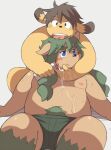  2015 anthro ayame42612 belly black_nose blue_eyes blush brown_body brown_fur canid canine canis clothing domestic_dog duo embrace fur hug hugging_from_behind male mammal moobs nipples overweight overweight_male simple_background sitting underwear 