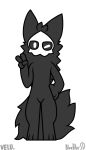  4_fingers alpha_channel ambiguous_gender anthro black_body black_fur black_sclera blueblursd canid canine canis changed_(video_game) fingers fluffy fluffy_tail fur gesture goo_creature hand_on_hip head_tuft looking_at_viewer mammal mask monochrome one_eye_closed puro_(changed) simple_background solo transparent_background tuft v_sign white_eyes wink winking_at_viewer wolf 