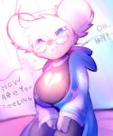  2021 ailurid alternate_version_at_source anthro big_breasts breasts clothed clothing dialogue eyewear fatal_dx female fully_clothed fur glasses halo heart_shaped_fur hi_res huge_breasts looking_at_viewer mammal red_panda smile solo text 
