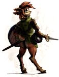  activision anthro armor bottomless butt cervid clothed clothing elora faun_(spyro) female gambeson headgear helmet hi_res looking_at_viewer looking_back lordgood mammal melee_weapon shield solo spyro_the_dragon surprised_expression sword video_games weapon 