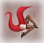  2021 abstract_background animate_inanimate anthro carol_pink_(viscerart) clothing derek_hetrick female footwear fur fuzzy googly_eyes hi_res high_heels legwear living_toy mammal red_body red_fur simple_background solo squirmle squirmles stockings thigh_highs worm_on_a_string 