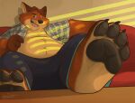  2016 anthro belly black_nose bottomwear canid canine clothed clothing disney dj-rodney feet foot_fetish fox fur gideon_grey male mammal open_clothing open_shirt open_topwear orange_body orange_fur overweight overweight_male pants shirt sitting solo topwear zootopia 