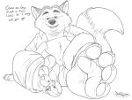  4:3 anthro belly canid canine clothed clothing disney dj-rodney duo english_text feet foot_fetish fox gideon_grey male mammal open_clothing open_shirt open_topwear overweight overweight_male shirt simple_background sitting text topwear white_background zootopia 