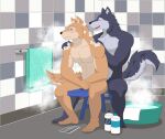  2020 absurd_res anthro artsywoodpecker assisted_bathing bathroom blush brown_body brown_eyes brown_fur canid canine canis covering covering_crotch covering_self digital_media_(artwork) domestic_dog duo embarrassed fur grey_body grey_fur hands_on_shoulders happy hi_res husky male male/male mammal multicolored_body multicolored_fur muscular muscular_anthro muscular_male nordic_sled_dog nude open_mouth open_smile shiba_inu shoichi_urata siberian_husky sitting smile spitz steam suds tail_motion tailwag tennis_ace two_tone_body two_tone_fur video_games visual_novel yuuichi_michimiya 