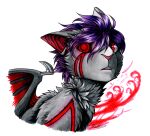  2021 ambiguous_gender anthro conditional_dnp felid feline female_(lore) fur grey_body grey_fur hair hi_res legacy looking_at_viewer mammal negative_energy_(legacy) onene open_mouth purple_hair ratte red_eyes simple_background solo traditional_media_(artwork) white_background yagarai 