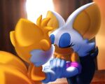  anonymous_artist anthro bedroom big_ears blush canid canine chiropteran duo female fox hand_on_hand hi_res kissing male male/female mammal miles_prower nuzzling rouge_the_bat sega sonic_the_hedgehog_(series) tan_body yellow_body 