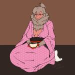  1:1 absurd_res anthro asian_clothing beverage brown_background brown_floor cel_shading clothing container cup digital_drawing_(artwork) digital_media_(artwork) east_asian_clothing female fur gal grey_body grey_fur grey_hair hair haplorhine hi_res japanese_clothing mammal monkey pink_body pink_clothing pink_flesh pink_skin primate shaded simple_background sitting solo tea tea_cup yopo9810 