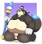  2021 anthro belly blush brown_body brown_fur brush canid canine flaccid fur genitals hi_res humanoid_genitalia humanoid_hands humanoid_penis kemono kusosensei lifewonders live-a-hero male mammal moobs navel nipples obese obese_male overweight overweight_male paintbrush penis raccoon_dog shoen simple_background solo tanuki video_games 