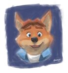  2017 anthro black_nose blue_eyes canid canine clothing disney fox gideon_grey hi_res lukas_artair male mammal portrait shirt simple_background solo topwear zootopia 