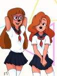  2021 anthro canid canine canis clothing disney domestic_dog duo eyewear female ft_(artist) glasses goof_troop hair hi_res japanese_school_uniform legwear mammal red_hair roxanne_(goof_troop) school_uniform serafuku stacey_(goof_troop) thigh_highs uniform 