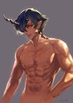  2020 abs arknights blue_hair bodily_fluids flamebringer_(arknights) grey_background hair hi_res horn horned_humanoid humanoid humanoid_pointy_ears hypergryph looking_at_viewer male muscular muscular_humanoid muscular_male not_furry nude short_hair simple_background studio_montagne sweat video_games wanko_(realsight) 