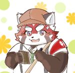  2021 ailurid anthro biped blush brown_body brown_fur clothed clothing cute_fangs fur hat headgear headwear hi_res kemono lifewonders male mammal necktie red_body red_fur red_panda shibuya_2810 shirt solo suspenders tokyo_afterschool_summoners topwear video_games white_body white_fur zhurong_(tas) 